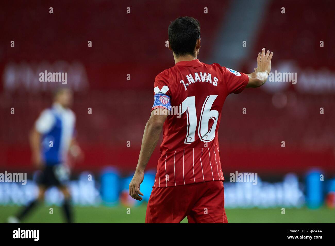 Jesus Navas of Sevilla gestures during the football friendly match played between Sevilla Futbol Club and Deportivo Alaves Madrid at Ramon Sanchez-Pizjuan Stadium on September 9, 2021 in Sevilla, Spain Stock Photo