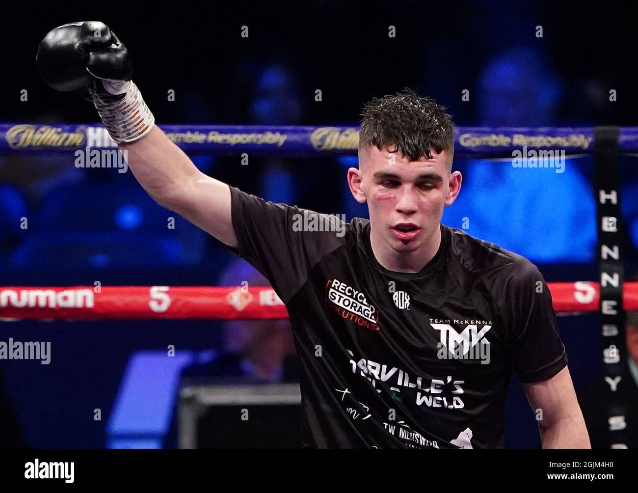 Stephen McKenna celebrates victory against Moussa Gary during the boxing event at the Coventry Skydome Arena. Picture date: Friday September 10, 2021. Stock Photo