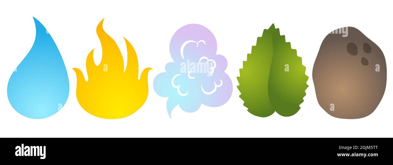 Vector illustration of nature elements. Vector set icons of five elements. Water, fire, air, ground and plant. Stock Vector