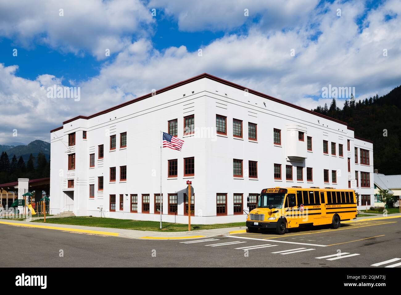 Skykomish, WA, USA September 08, 2021; The K12 rural school building in the Cascade Mountain