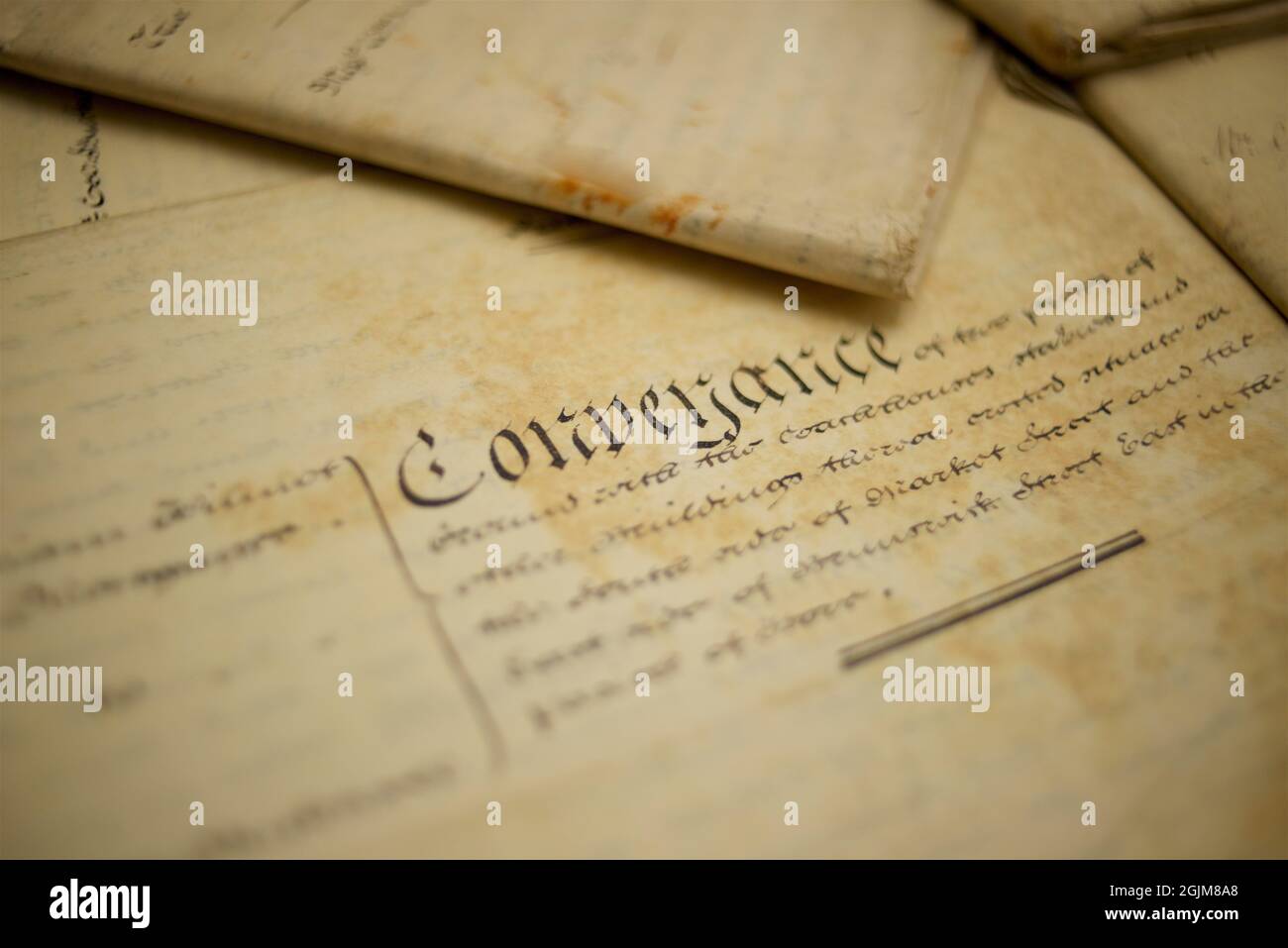 CONVEYANCE. Old handwritten documents -Leases, Mortgages, Conveyances. Deeds Stock Photo
