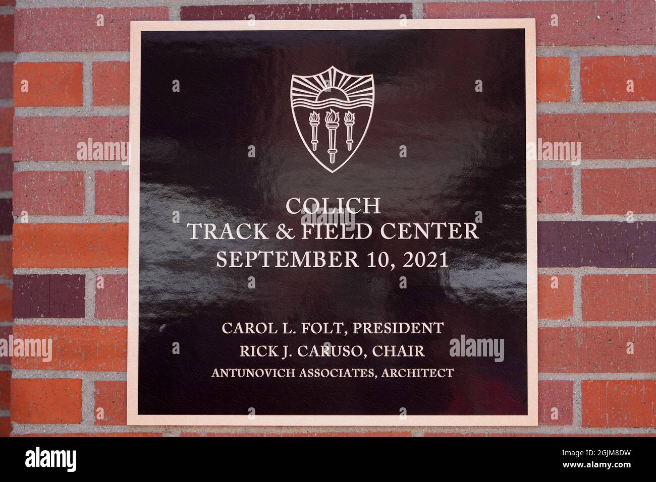 A dedication plaque for the Colich Track and Field Center on the campus of the University of Southern California, Friday, Sept. 10, 2021, in Los Angel Stock Photo