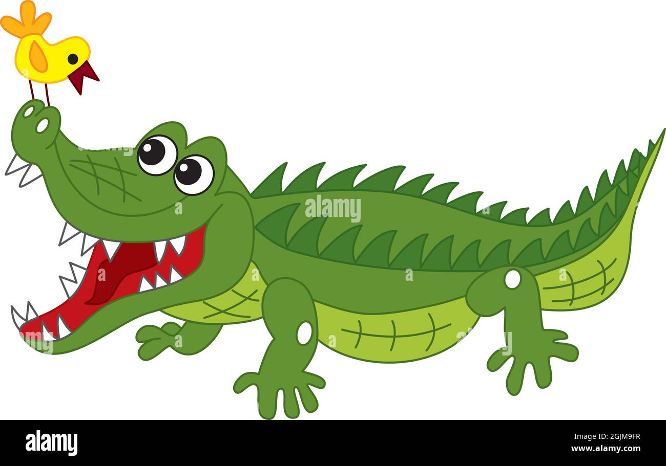 Vector Cute Cartoon Crocodile with the Bird Stock Vector Image & Art