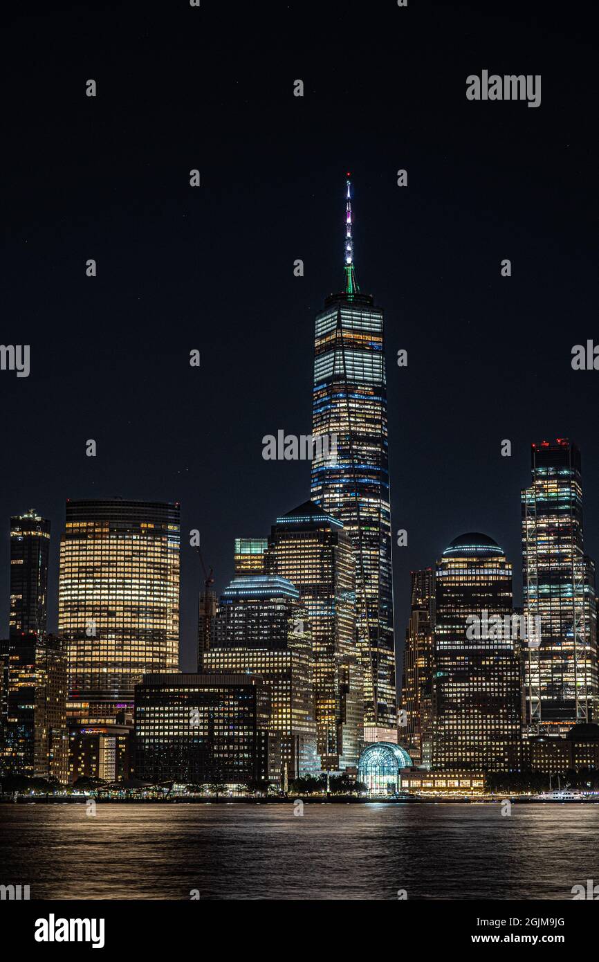 New York City Night Skyline in Portrait View Stock Photo