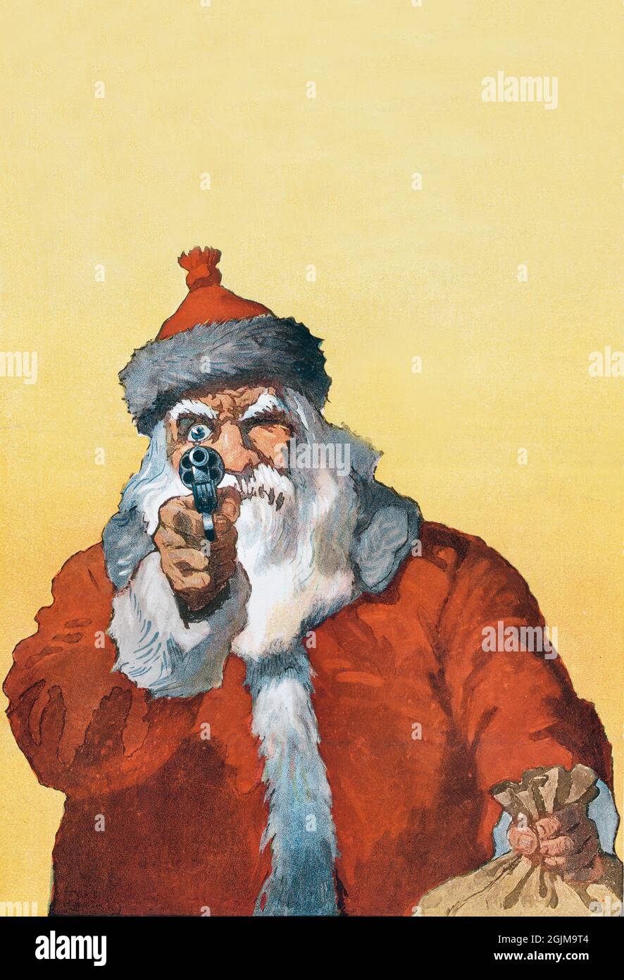 Santa Claus, 'Hands Up!' Puck Christmas, 1912. 'Hands up!' photomechanical print showing a Santa Claus pointing a handgun at the viewer (1912) by Will Crawford.  A unique, optimised and enhanced version of an historical illustration. Stock Photo