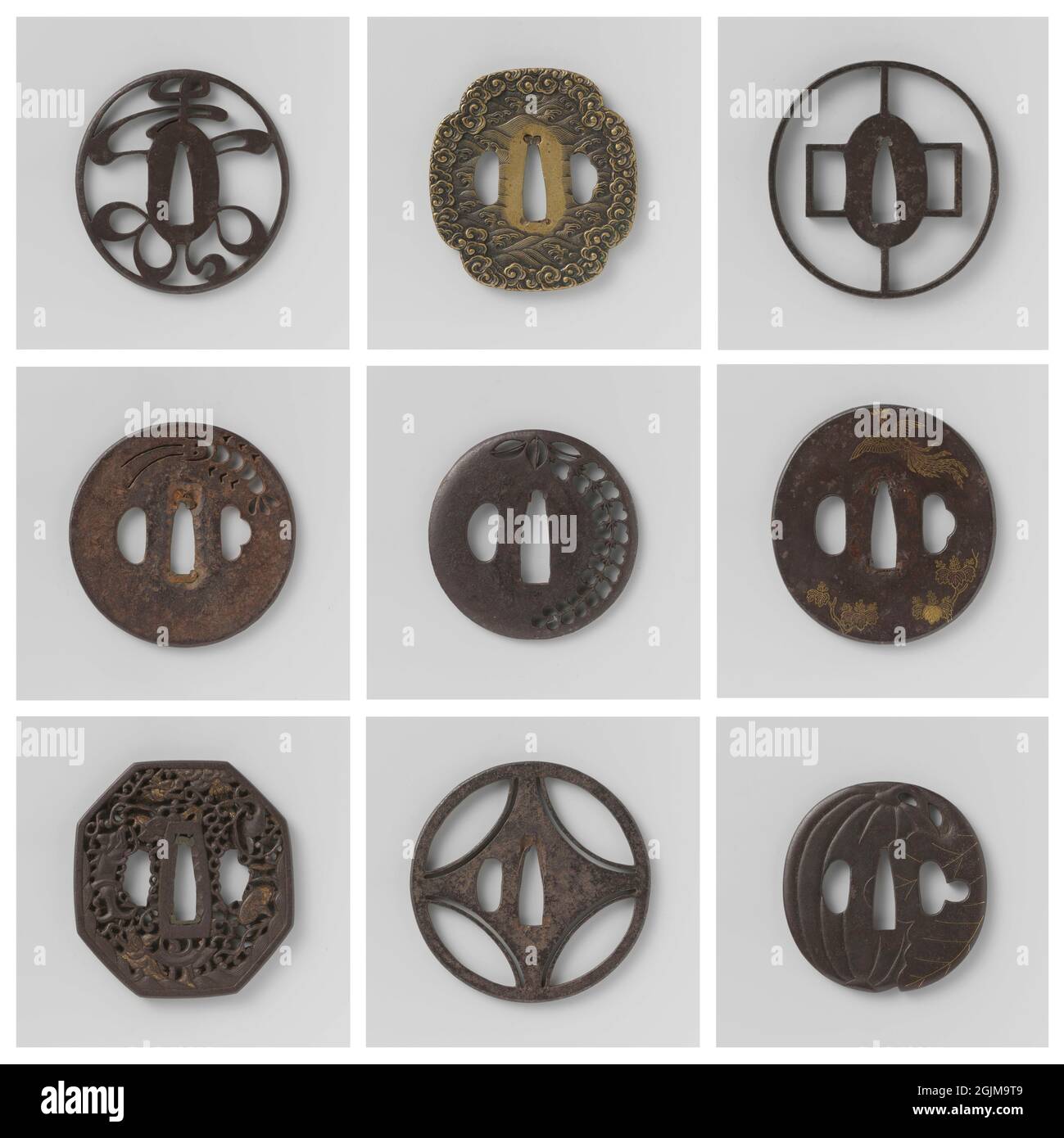 Selection of samurai sword hand guards, Tsuba. Japanese Edo period Ko