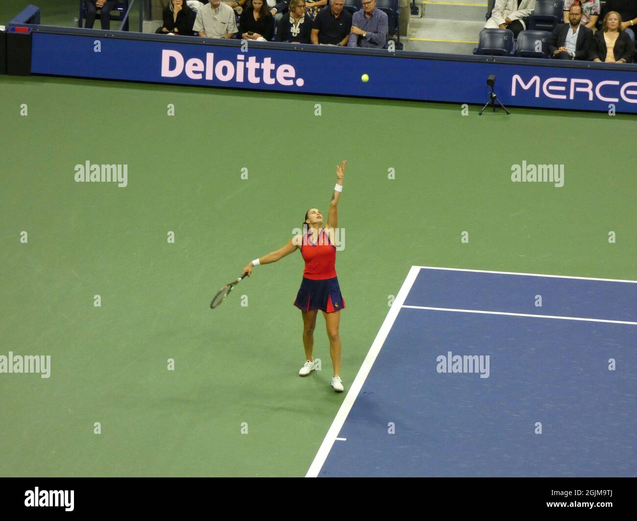 Queens, USA. 10th Sep, 2021. (SPO) Fernandez Prevails over Sabalenka to Advance into Women's Grand Slam Finals Competition at the 2021 USTA US Open Tennis Championships. Sept 9, 2021, Flushing, Queens, NY, USA: In an uncomfortable, nervy and error-riddled match, No.2 seed Aryna Sabalenka of Belarus finally infarcted in an unrecoverable sequence of double faults, thereby ceding to Leylah Fernandez in three sets, 7-6(3), 4-6, 6-4. Fernandez is now propelled into a Final Round teenage showdown with Emma Raducanu at the US Open later this week. (Credit Image: © Julia Mineeva/TheNEWS2 via ZUMA Cred Stock Photo