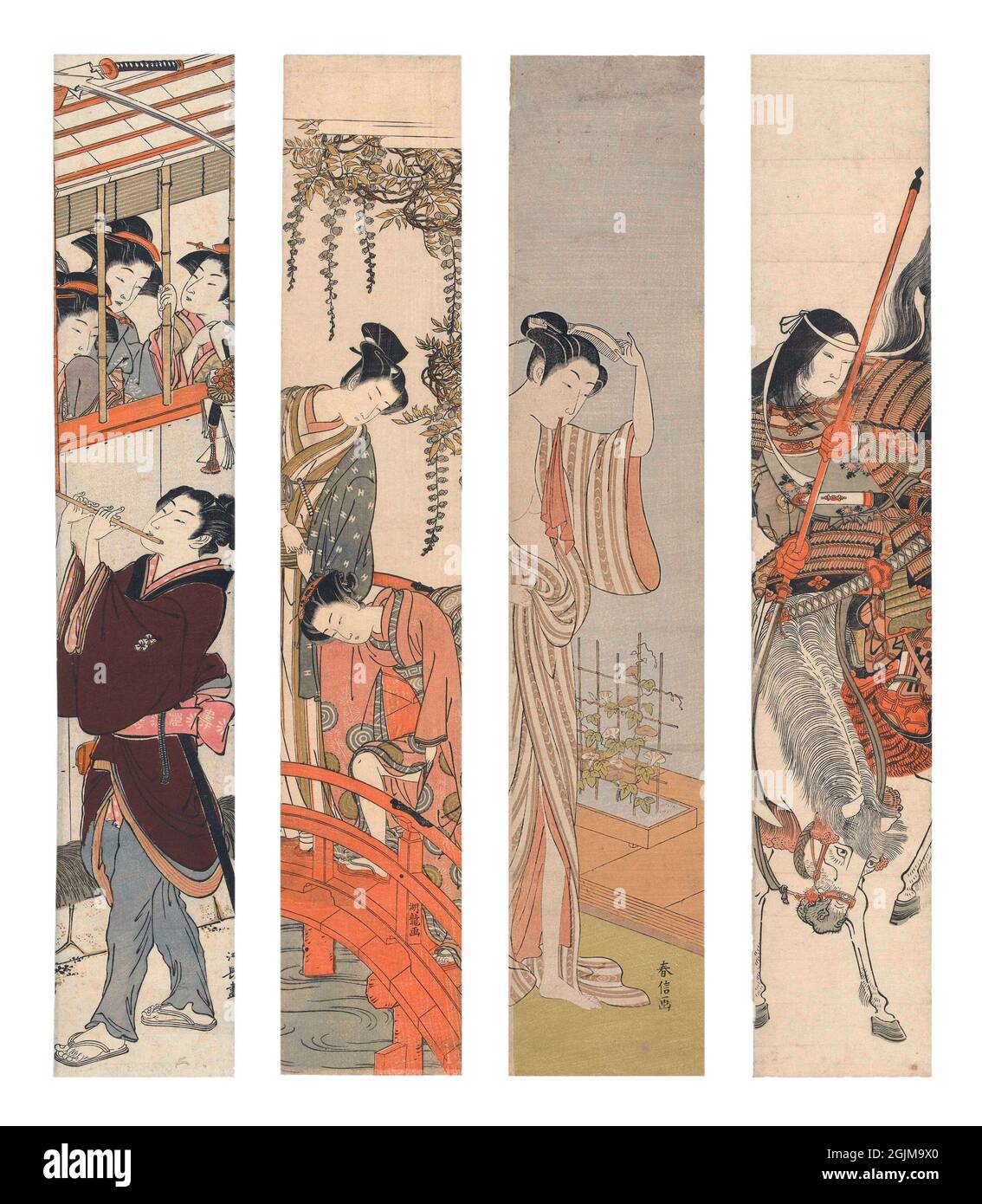Selection of 4 Japanese painted woodcuts. Left to right: 1. Letter-writing courtesan spied on by two men (1765-70) 2.Young man helping woman up the steep red bridge at the Kameido shrine; under blooming wisteria (1770 - 1780) 3. Japanese woman, just out of the bath, in an open kimono. Blooming bindweed in the background (1768/69) 4. Female warrior Tomoe Gozen in armor with sword on horse  Unique optimised and enhanced arrangement of four eighteenth and nineteenth century Japanese woodcut illustrations. Stock Photo