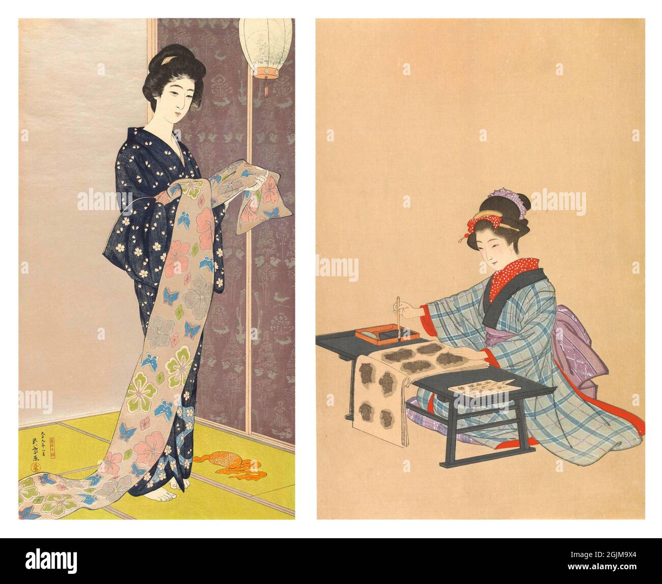 Selection of 2 Japanese painted woodcuts From Left to right: 1.Young woman in summer kimono, standing, holding a long piece of silver fabric decorated with flower and butterfly motifs. On the floor of green tatami mats, an orange obi. Purple sliding doors, decorated with flower and bird motifs (1920-30) 2. Japanese Woman execuing calligraphy (19th century)  Unique optimised and enhanced arrangement of two  Japanese woodcut illustrations. Stock Photo