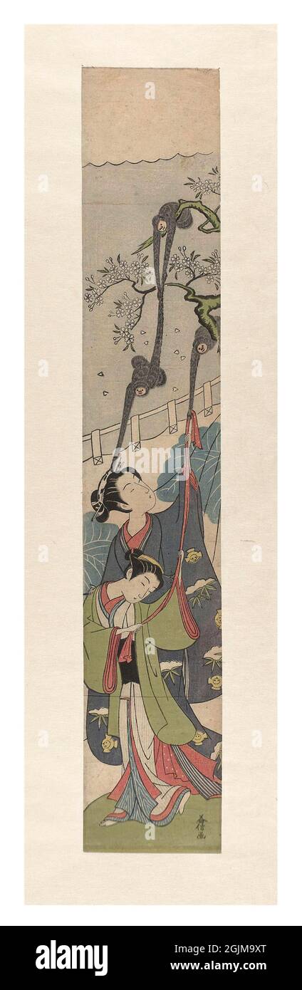 Two women with monkeys Courtesan and kamuro (he cortesan's attendant), preyed upon by three monkeys in a tree.  Digitally optimised late eighteenth century Japanese woodcut illustration. Stock Photo