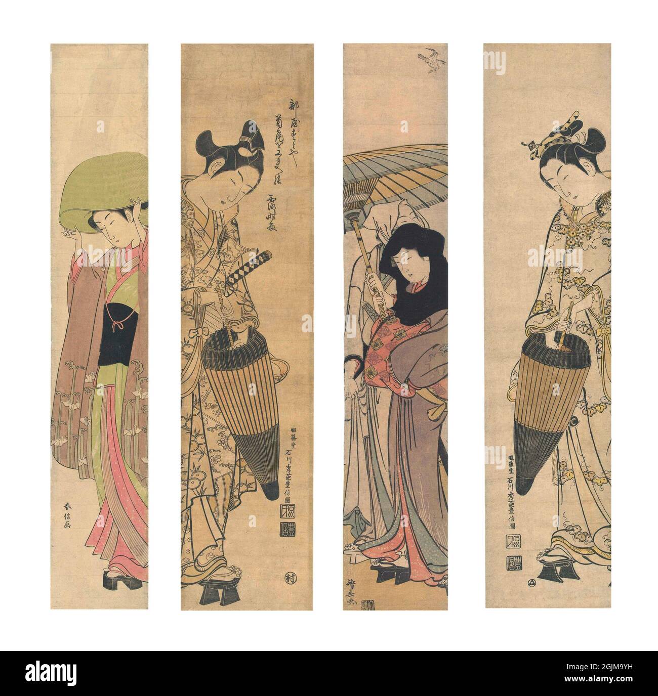 Selection of 4 Japanese painted woodcuts from left to right:  1. Girl putting on a straw hat, wearing a kimono with pattern of origami cranes and stylized waves.= (1765-70) 2. Young man in raincoat with stylised floral patterns, with sword, opening a downward-facing umbrella (1740-45) 3. Ochiya and her husband Hanbei, looking up at a cuckoo, under an umbrella. (1780 - 1784)  4. Woman in raincoat with stylized butterfly pattern, opening downward facing umbrella.  Unique optimised and enhanced arrangement of four eighteenth century Japanese woodcut illustrations. Stock Photo