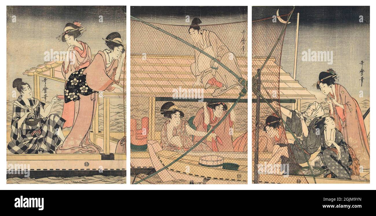 Nocturnal fishing Pleasure boat with a man on the roof and two women looking at the adjacent fishing boat; seen through the mesh of large fishing net; at night... man fetching a large fishing net, and girl sitting by basket of fish, looking up at standing woman in pink kimono.  Unique optimised and enhanced version of a late eghteenth century Japanese woodcut illustration in triptych. Stock Photo