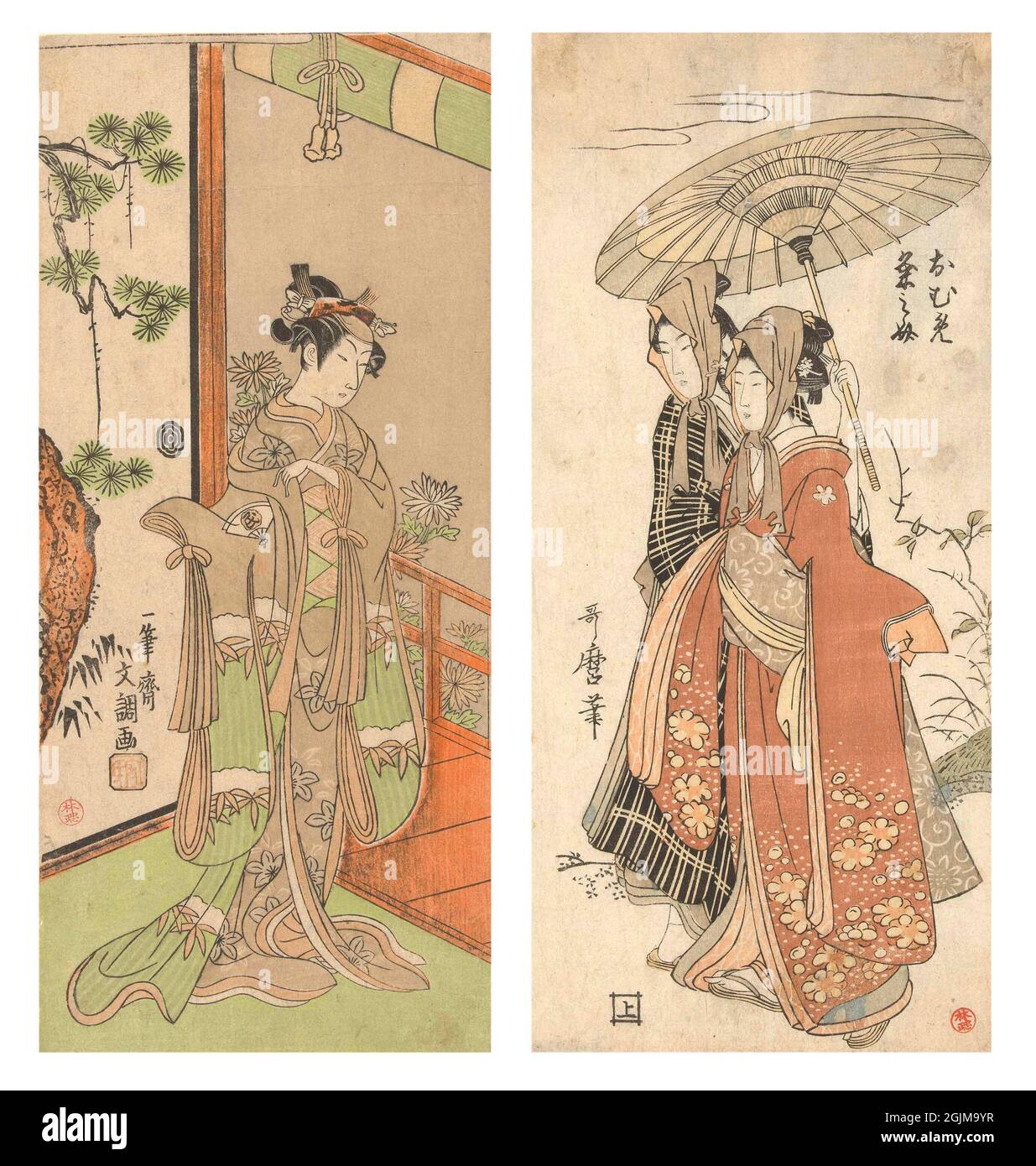Unique optimised and enhanced arrangement of two historical Japanese woodcut illustrations. From left to right: 1.Actor Onoe Tamizo playing a  female role in kimono with snowy bamboo pattern, standing in front of sliding door with painting of pine tree, looking out over veranda, blooming chrysanthemums behind (1768 - 1772). 2.The runaway lovers Oume and Kumenosuke, both wearing headscarves, under an umbrella / parasol. (1800-1805) Stock Photo