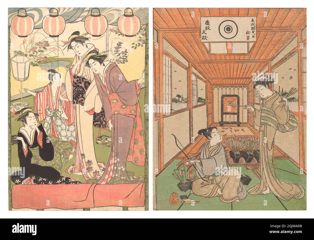 Left: Three women and a boy under lanterns (1780 - 1785) Right: Japanese man and woman at a shooting range. Seated young man with bow in hand, filling a bowl with arrows handed to him by a girl; in the background a shooting range.  Unique optimised and enhanced arrangement of two historical Japanese woodcut illustrations. Stock Photo
