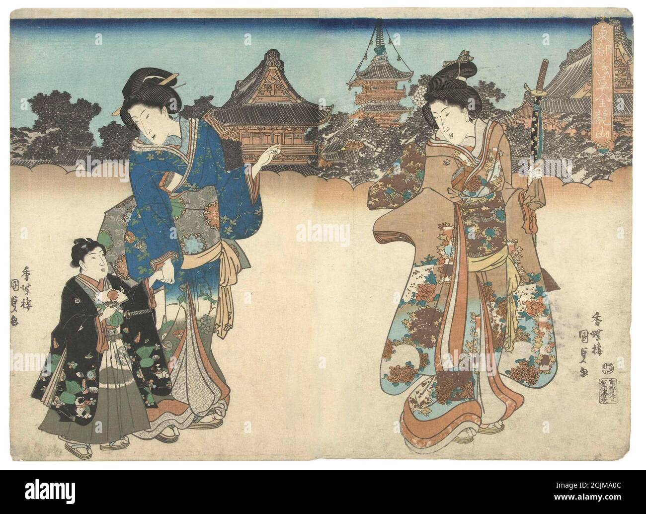 Two women and a boy on their way to Kinryu Temple, seen above the stylized clouds. The boy wears a black coat with a pattern of dogs and pine cones, in his hand a fan with the Japanese flag.  Unique optimised and enhanced arrangement of two nineteenth century Japanese woodcut illustrations as a single image. Stock Photo