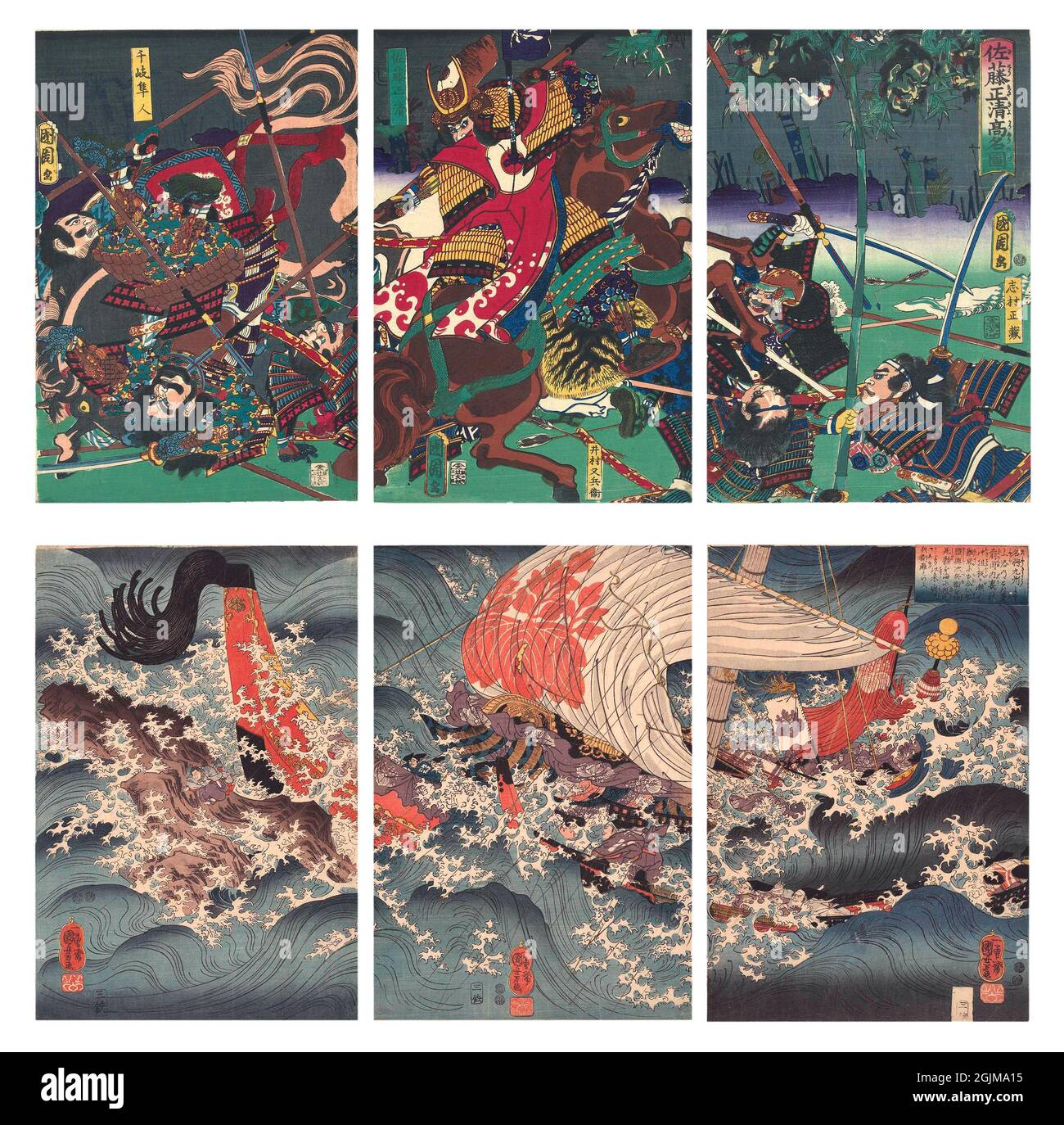 Unique optimised and enhanced arrangement of two nineteenth century Japanese woodcut illustrations as tryptychs: Top: Japan: Warriors fighting with katana swords amid severed heads on bamboo stakes. 'Fierce Battle', by Toyohara Kunichika c. 1862  Bottom: The Story of Ship Captain Yojibei. Ship between high waves in the rain. On the left, a man jumps off the boat, onto a rock near the coast of Kyushu. Stock Photo