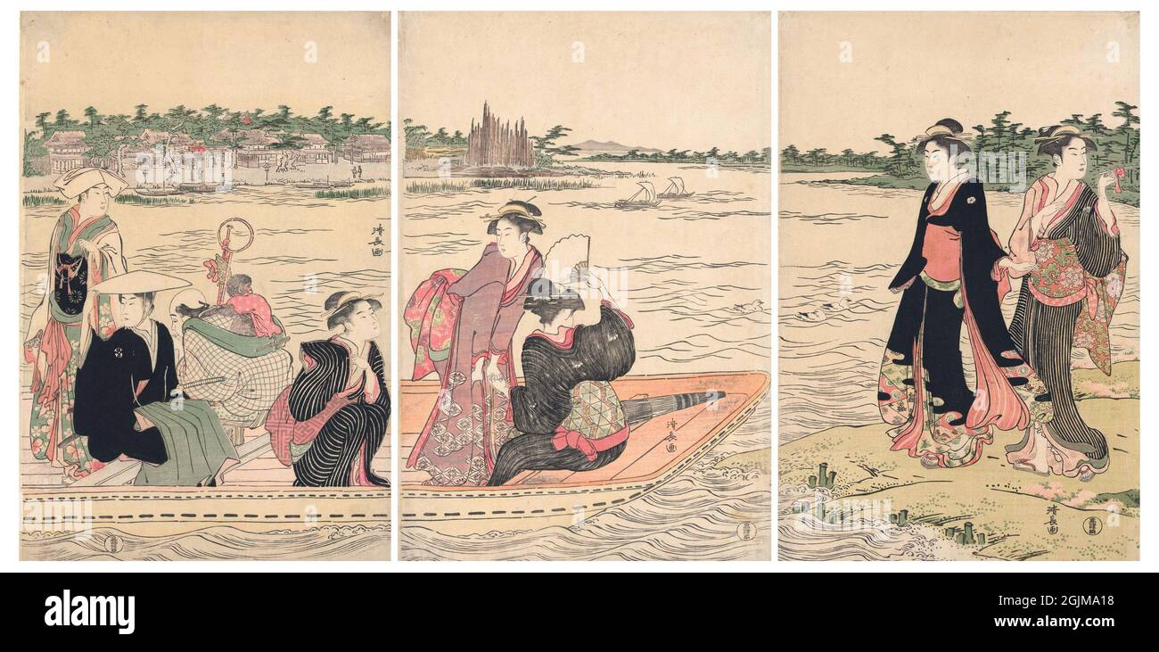 Ferry on the Sumida . River Ferry with six passengers, sailing to two waiting women, one with a pipe, on the riverbank, waiting for a ferry.  Unique optimised and enhanced version of an  eighteenth century Japanese woodcut illustration in triptych. Stock Photo
