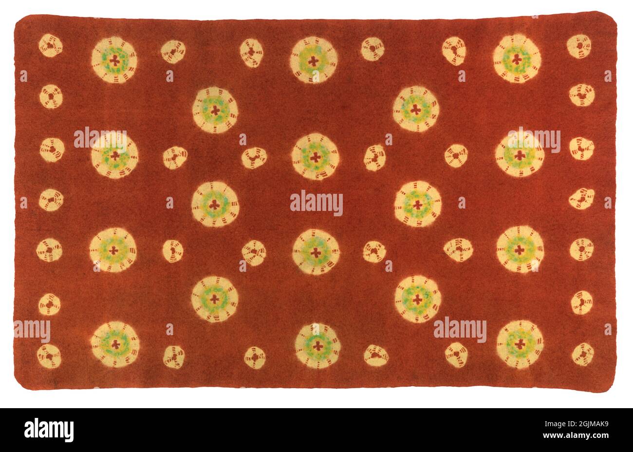 Rectangular Mosen rug made in China of felted wool which has been resist  dyed (shibori) , leaving circular designs. The green has been applied by  brush. A mosen is a type of