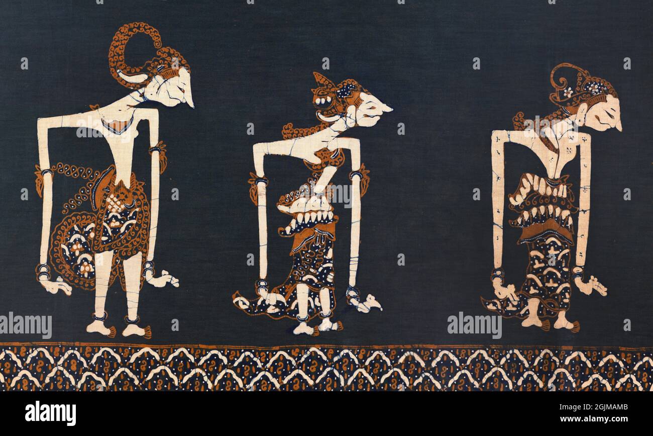 Detail of an Indonesian batik panel from Java... depicting 'wayang' puppets, likely 19th century. Java, Indonesia Stock Photo