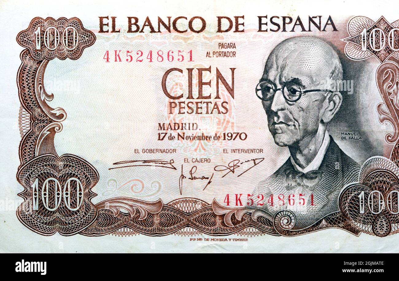 Obverse side of 100 one hundred Spanish cien Pesetas banknote currency issued 1970 by bank of Spain Madrid features the portrait of Manuel de Falla, o Stock Photo