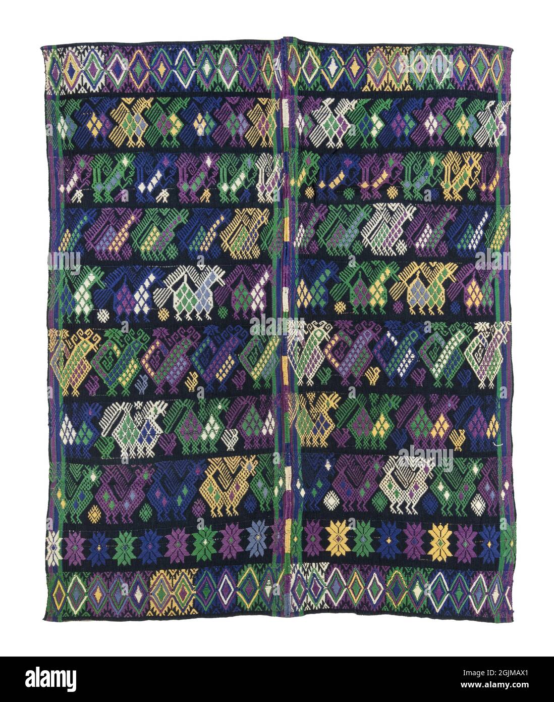 Densely brocaded, handwoven textile from Santa Maria de Jesus Guatemala. Contemporary Guatemalan Maya costume. Used by women not solely in mourning but for daily and ceremonial wear either over the head (for shade), around the shoulders (for warmth), or over the head and hanging down the back (for church); can also be used as a baby carrier or to carry shopping. Stock Photo