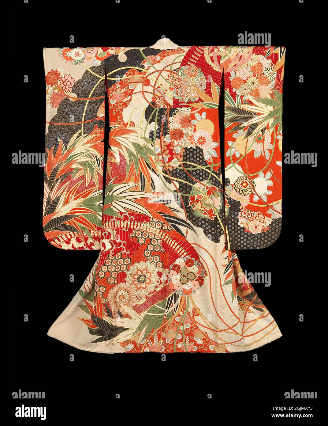 Japanese Kimono for an unmarried woman. The kimonoÕs sumptuous appearance is strengthened by the silver and gold accents, embroidered with thread or applied with gold foil. Stock Photo