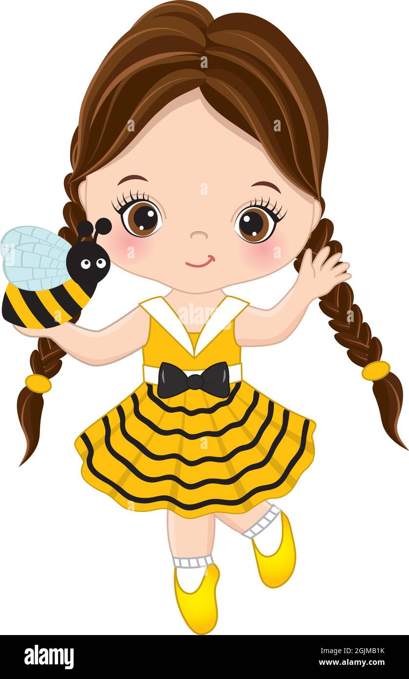 Vector Cute Little Girl Catching Bee. Vector Little Girl with