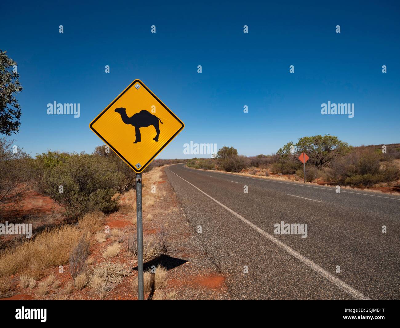Camel warning road sign in outback arid red centre, Central Australia. Stock Photo