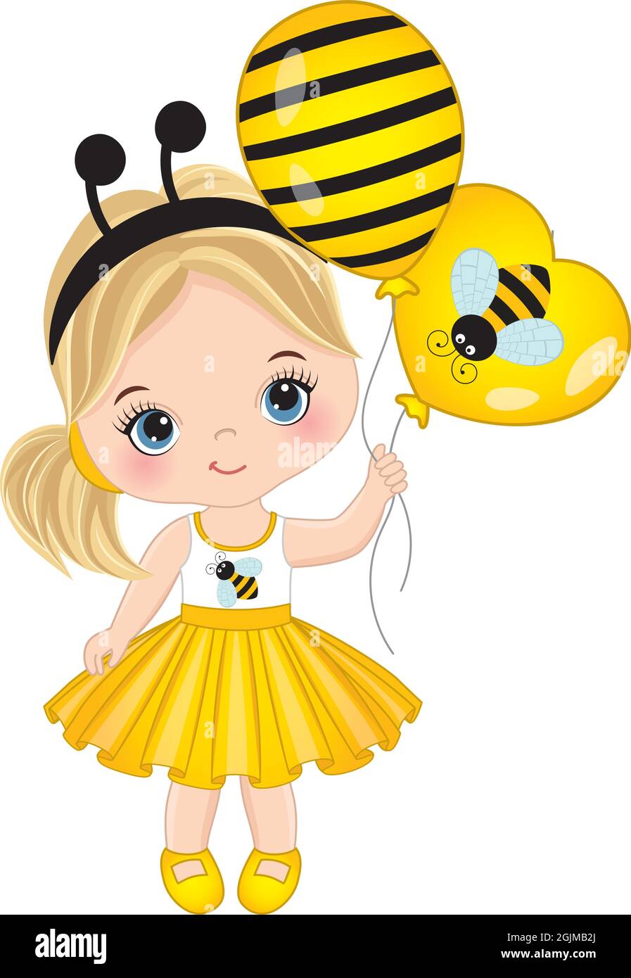 Vector Cute Little Blond Girl Wearing bee Headband Antenna Holding Air Balloons. Vector Cute Bee