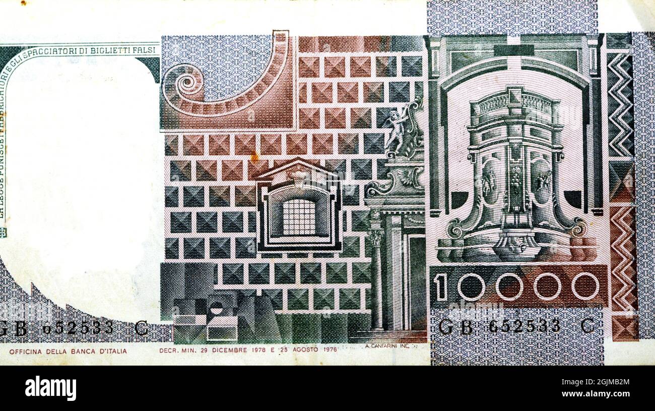 Reverse side of 10000 ten thousand Italian lire lira banknote currency issued 1976 1978 by bank of Italy features Architectural elements from New Jesu Stock Photo