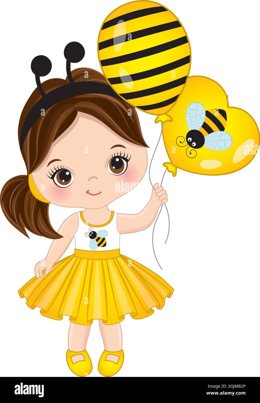 Vector Cute Little Brunette Girl Holding Air Balloons Stock Vector ...