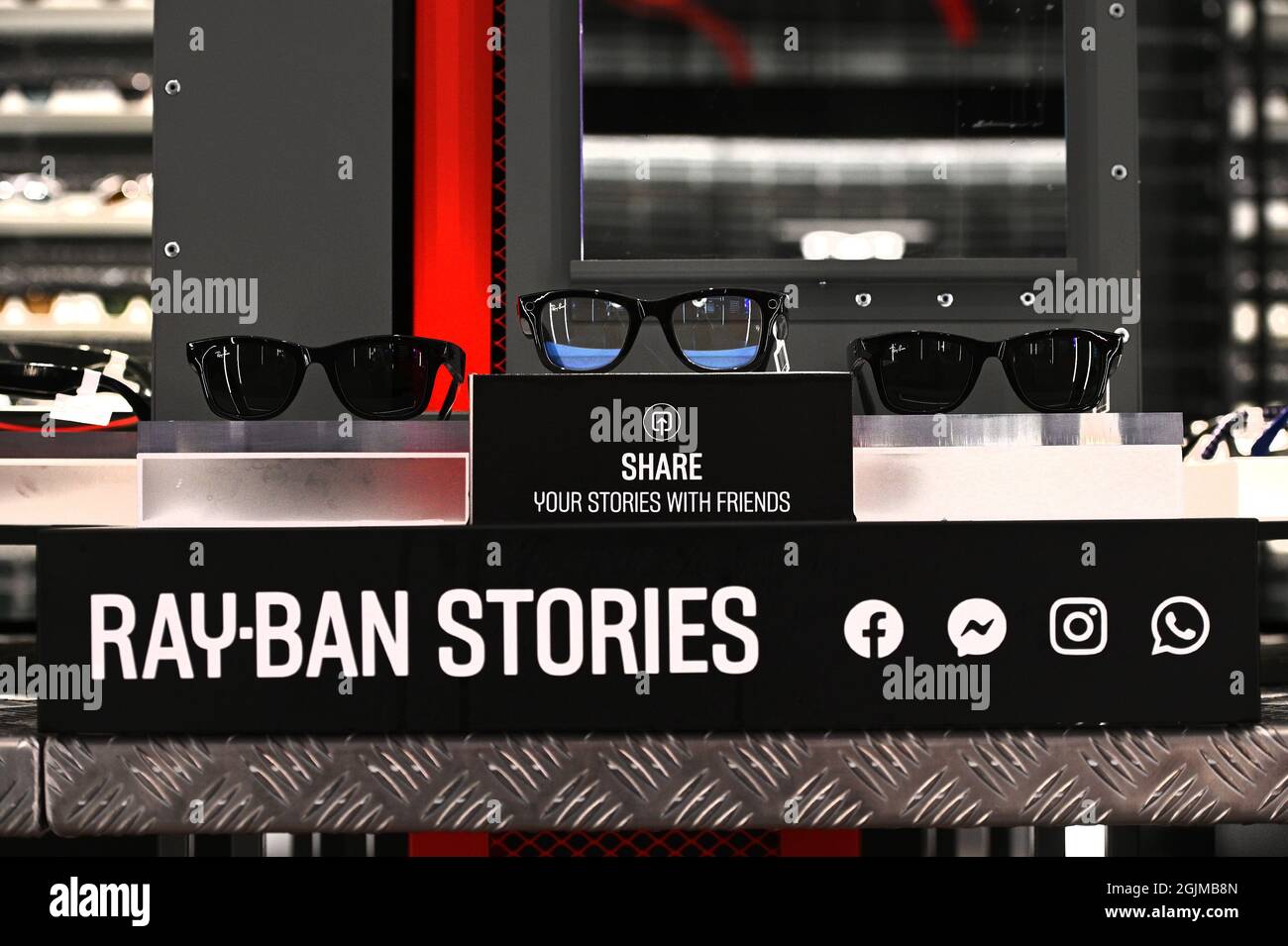 A pair of Ray-Ban “Stories” camera equipped glasses powered by Facebook  technology on display at a Ray-Ban retail store in New York, NY, September  10, 2021. The glasses can be activated by