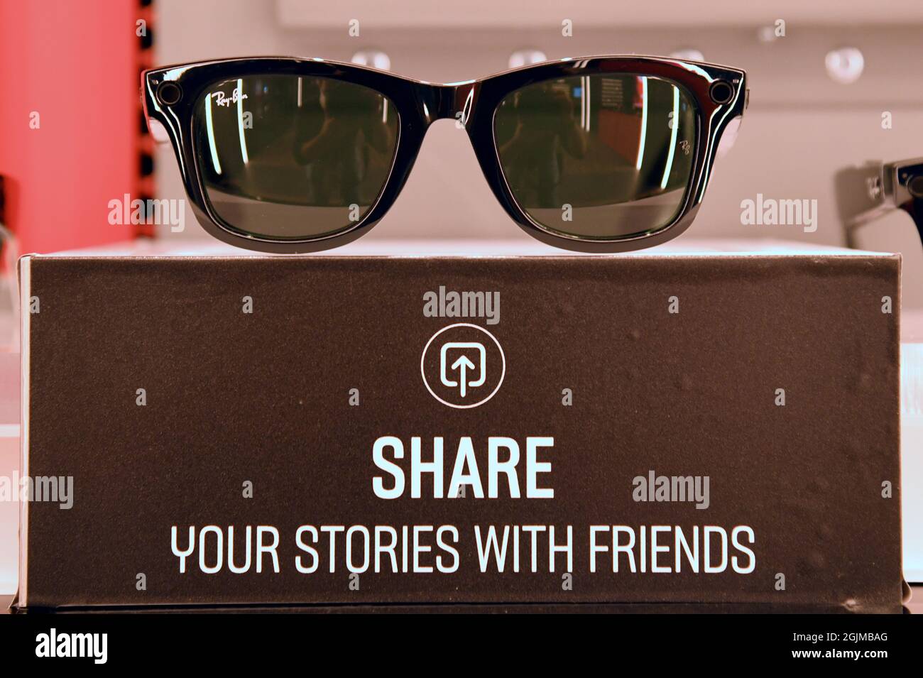 A pair of Ray-Ban “Stories” camera equipped sunglasses powered by Facebook  technology on display at a Ray-Ban retail store in New York, NY, September  10, 2021. The glasses can be activated by