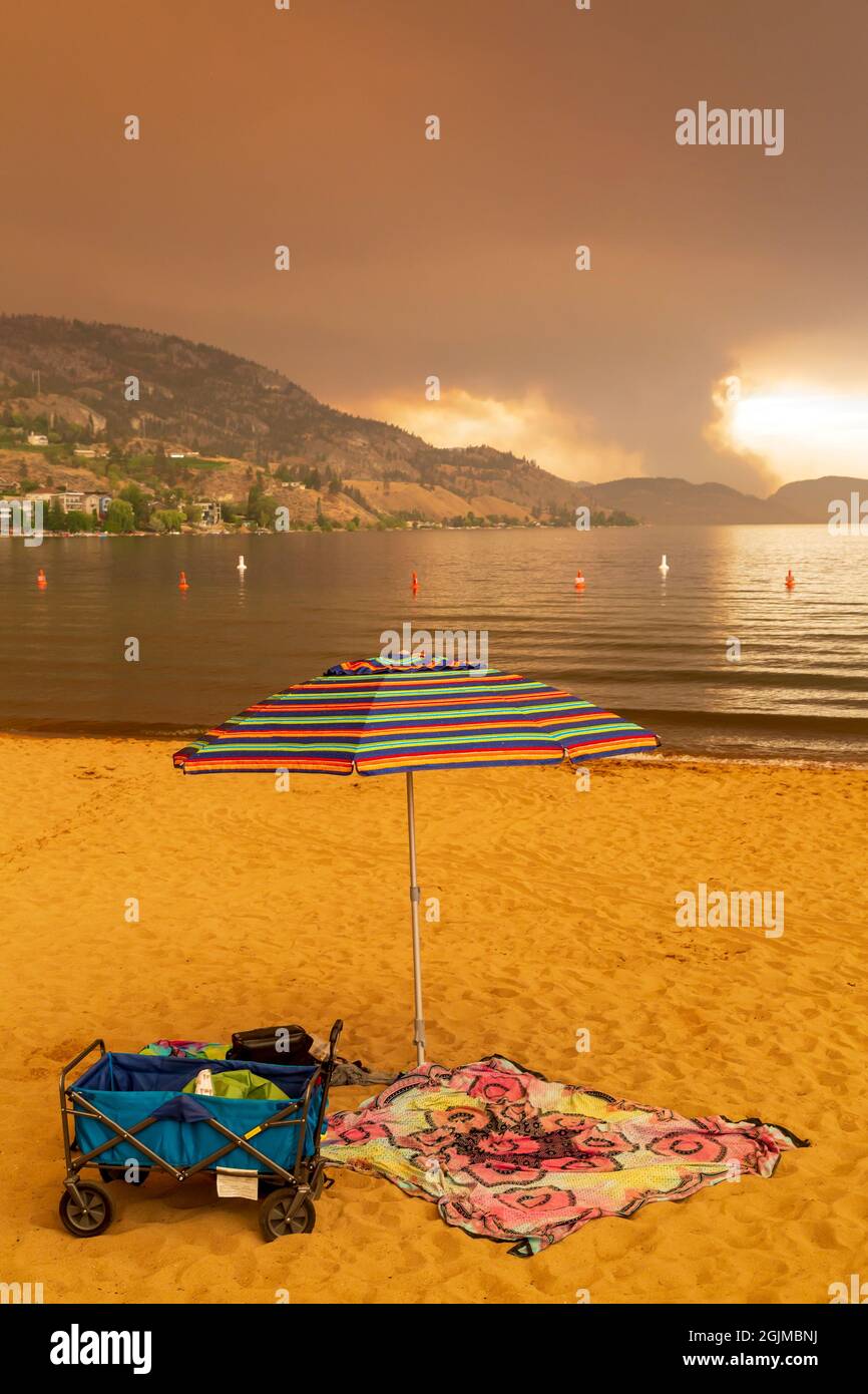 View of forest fire smoke from Skaha Lake in Penticton, British Columbia, Canada. Stock Photo