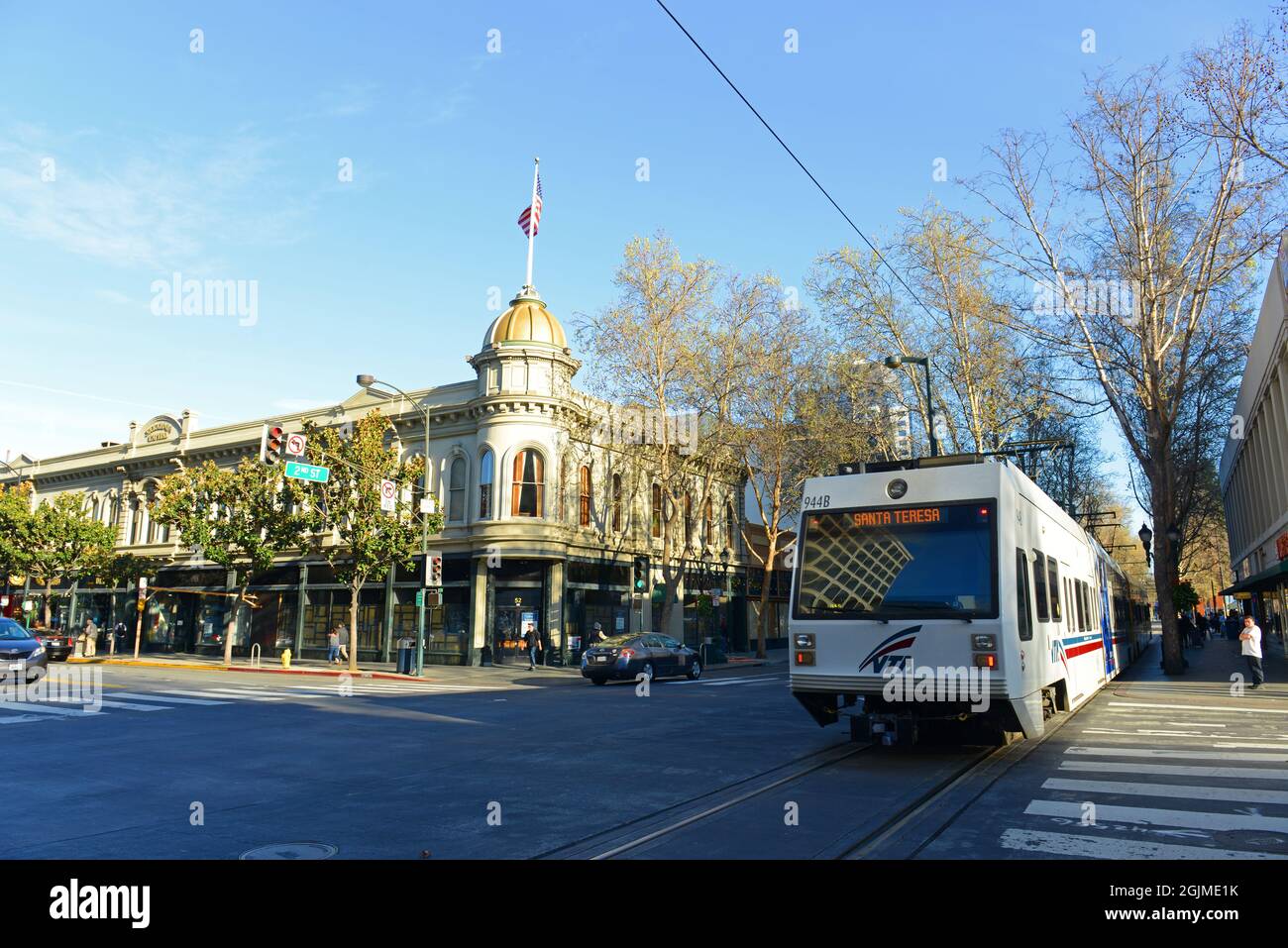 Santa Clara Valley Transportation Authority VTA Light Rail on S 2nd Street at W Santa Clara Street in downtown San Jose, California CA, USA. Stock Photo