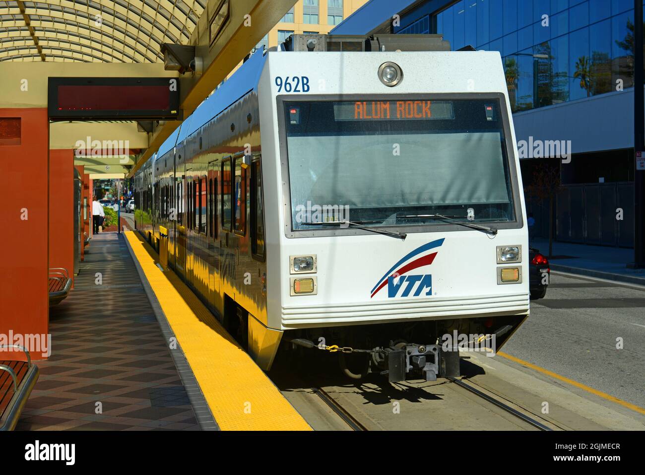 Santa Clara Valley Transportation Authority VTA Light Rail at Convention Center Station in downtown San Jose, California CA, USA. Stock Photo