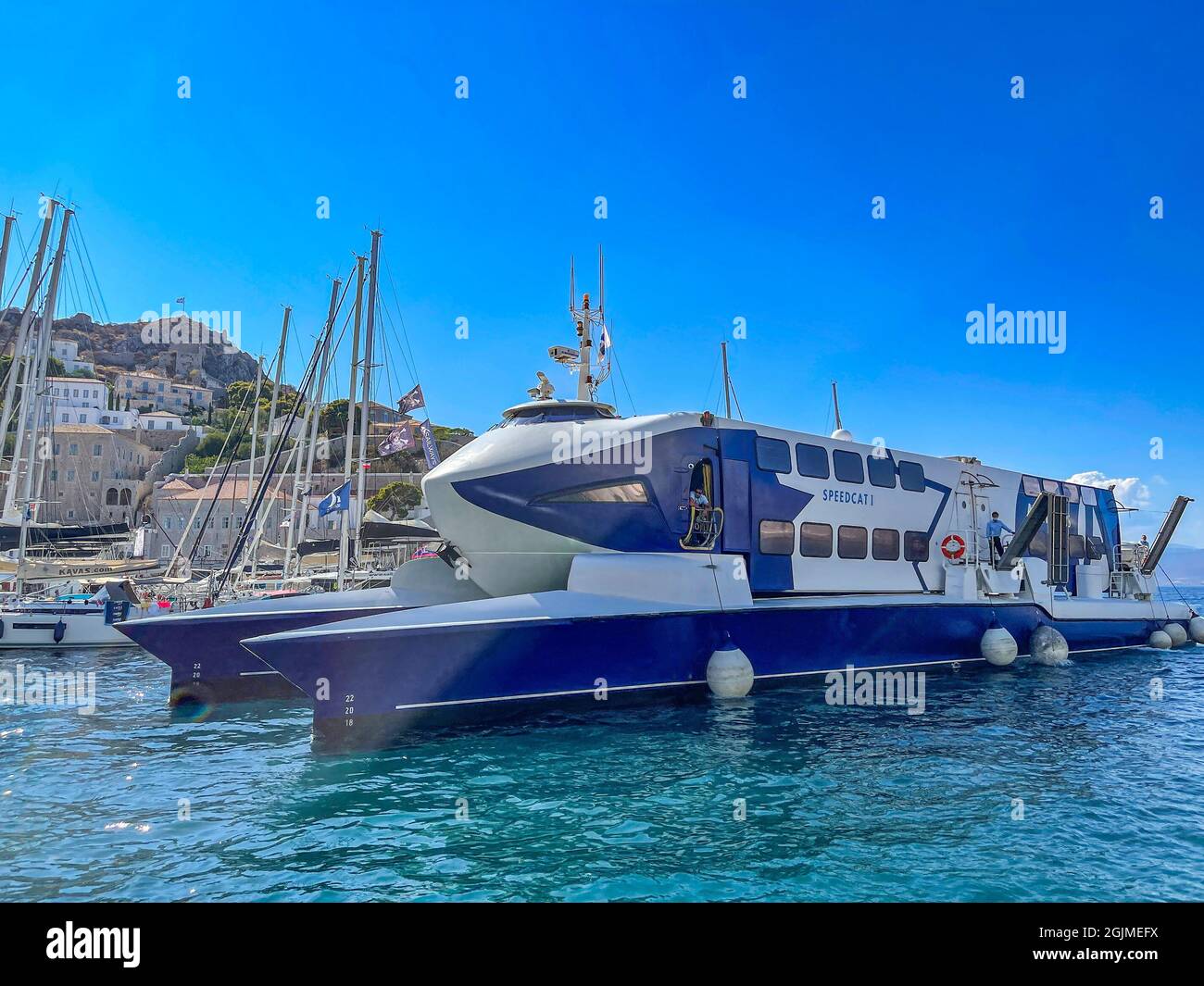 The new Speed Cat Passenger Catamaran arriving in Hydra island, Greece. The Speed Cat from Alpha Lines, Launched for the Saronic Islands on 10 April, Stock Photo