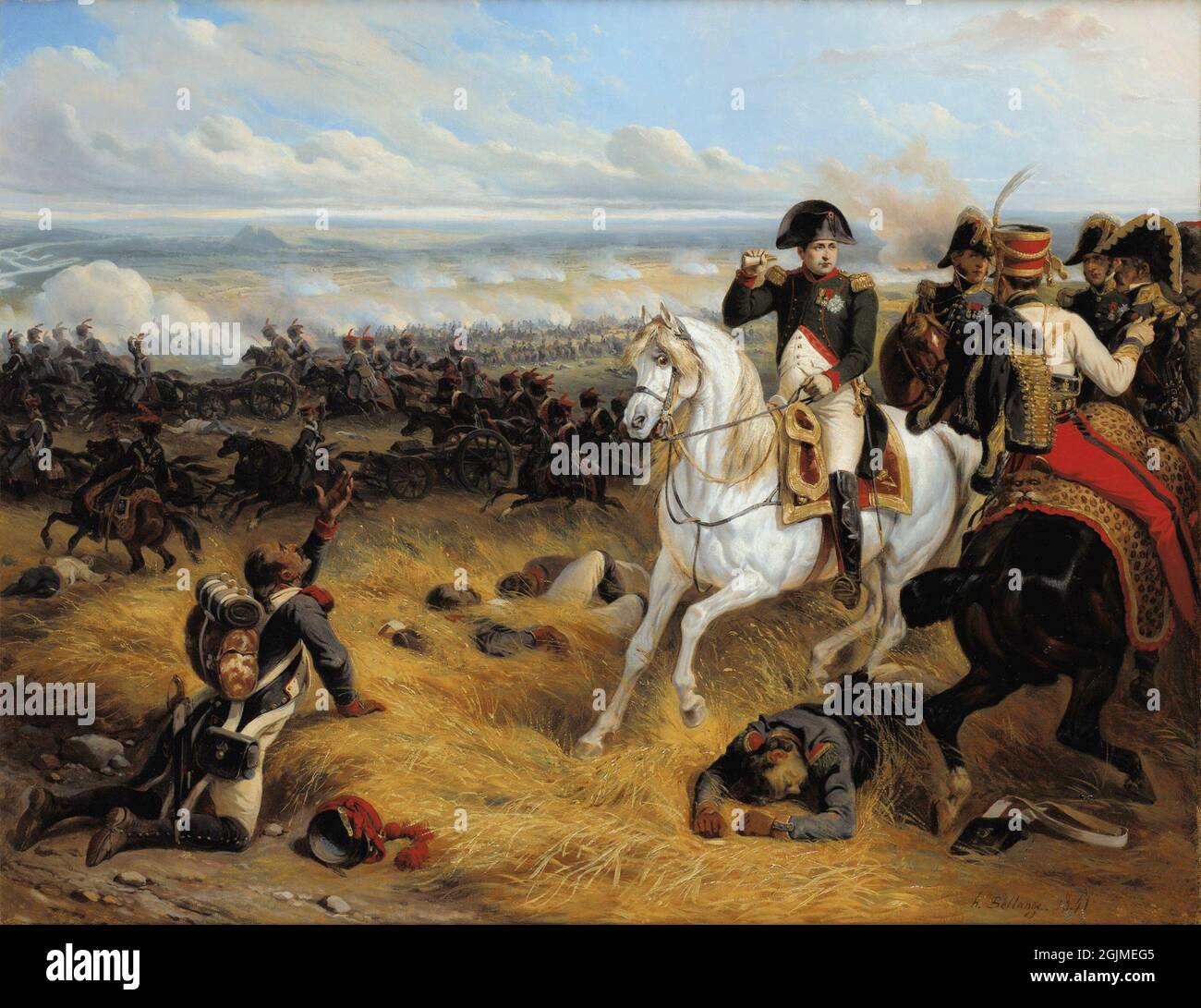 Napoleon following the smokeline of Davout's columns. The attack of III Corps constituted the crucial French offensive at Wagram. Painting by Hippolyte Bellangé Stock Photo