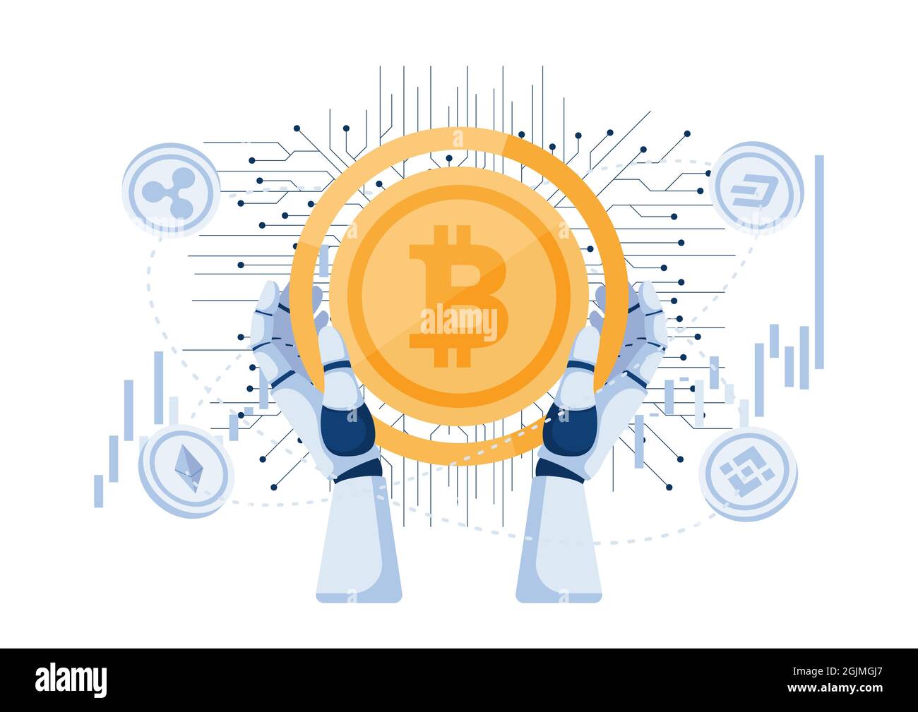 Robot Hand Holding Bitcoin and Other Cryptocurrency. Cryptocurrency Trading  Bot and Digital Currency Investment Concept Stock Vector Image & Art - Alamy