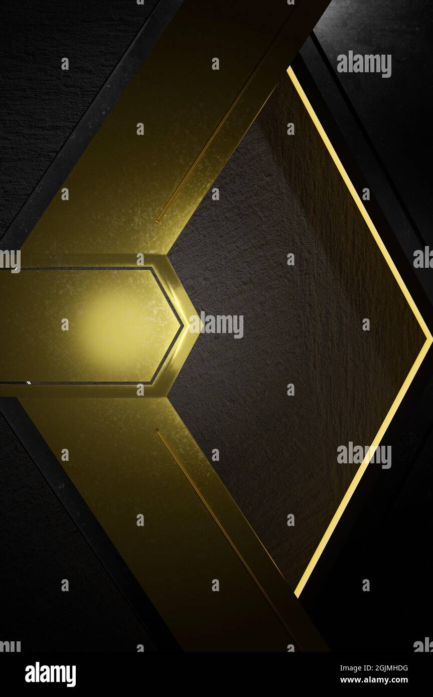 3d illustration. abstract gold and black arrow direction on black blank ...