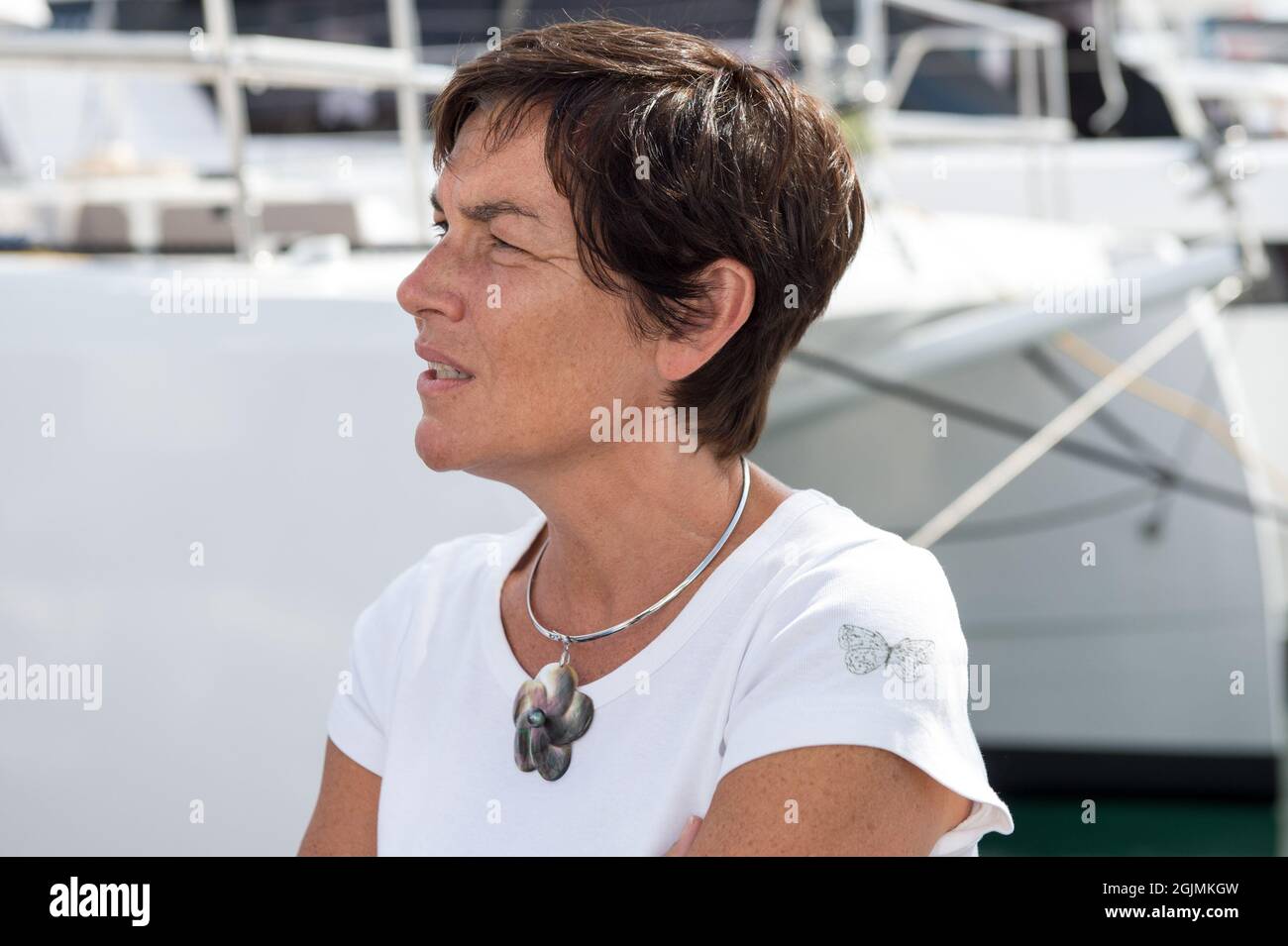 Cannes, France. 09th Sep, 2021. Annick Girardin is seen during her visit to the festival.Annick Girardin (minister of the sea) inaugurated and visited the Cannes Yachting Festival. Canceled in 2020 because of the Coronavirus pandemic, it is the biggest "boat show" in Europe. More than 560 new boats will be exhibited, of which nearly 150 will be world premieres. For the first time, a "green" course is set up following the obligation voted by law to reserve 1% of the places in port for electric boats in French ports. (Photo by Laurent Coust/SOPA Images/Sipa USA) Credit: Sipa USA/Alamy Live News Stock Photo