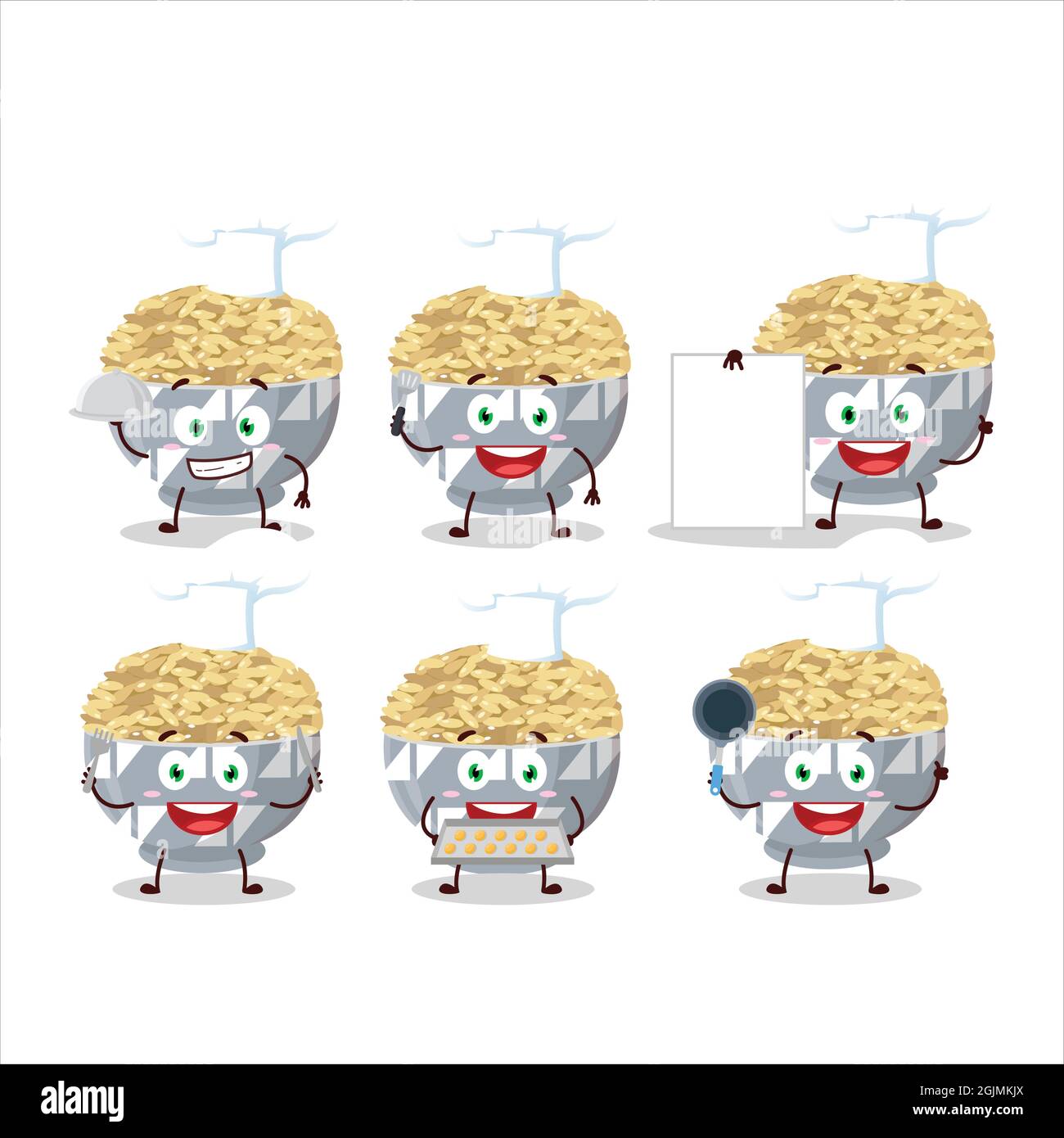 Cartoon character of parboied long grain rice with various chef ...