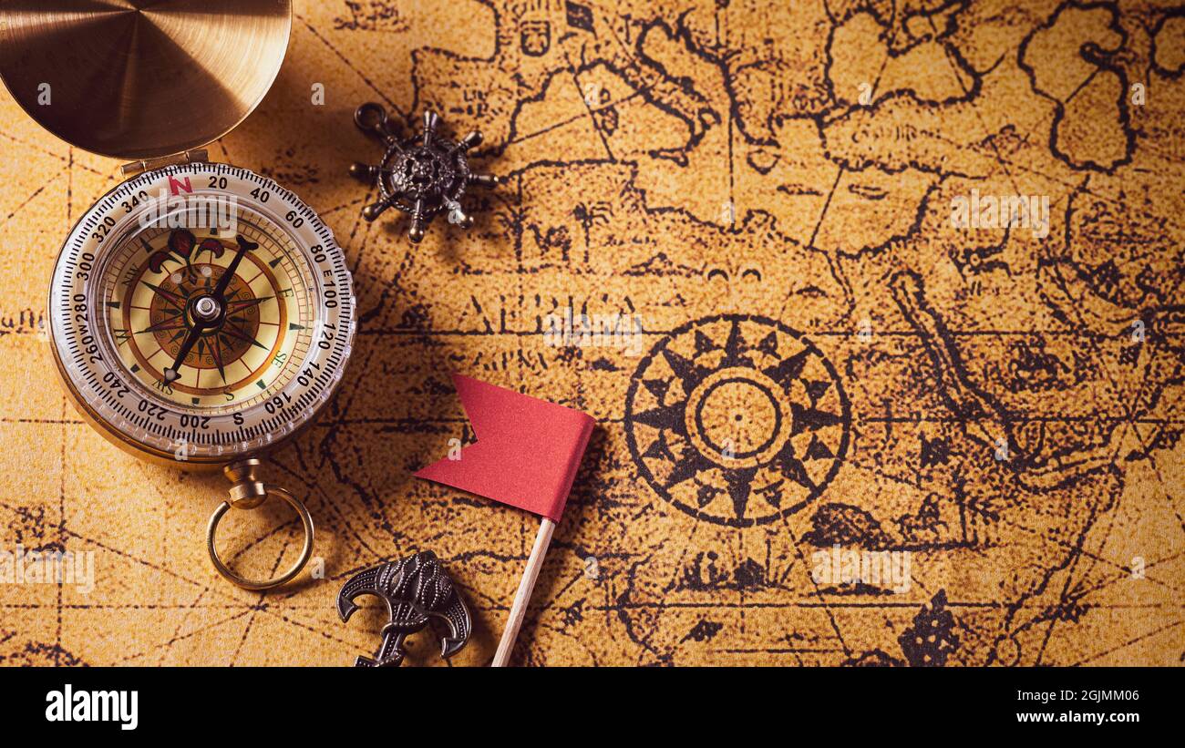Happy Columbus Day concept. Vintage compass and retro treasure ...