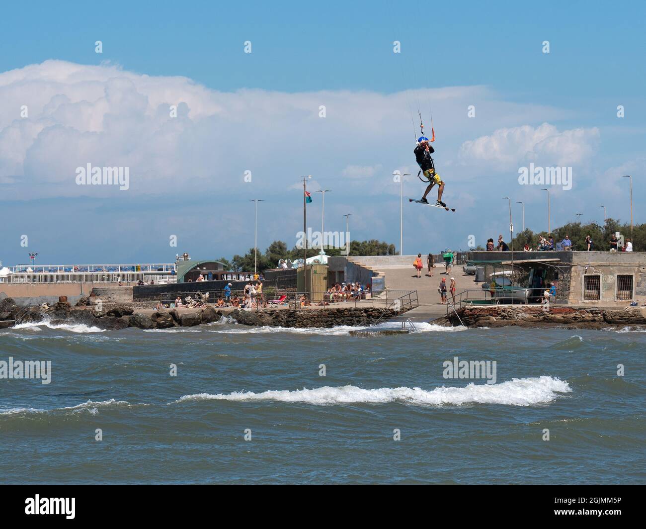 High Jump of a Kitesurf in slow motion During a Windy Day Stock Photo