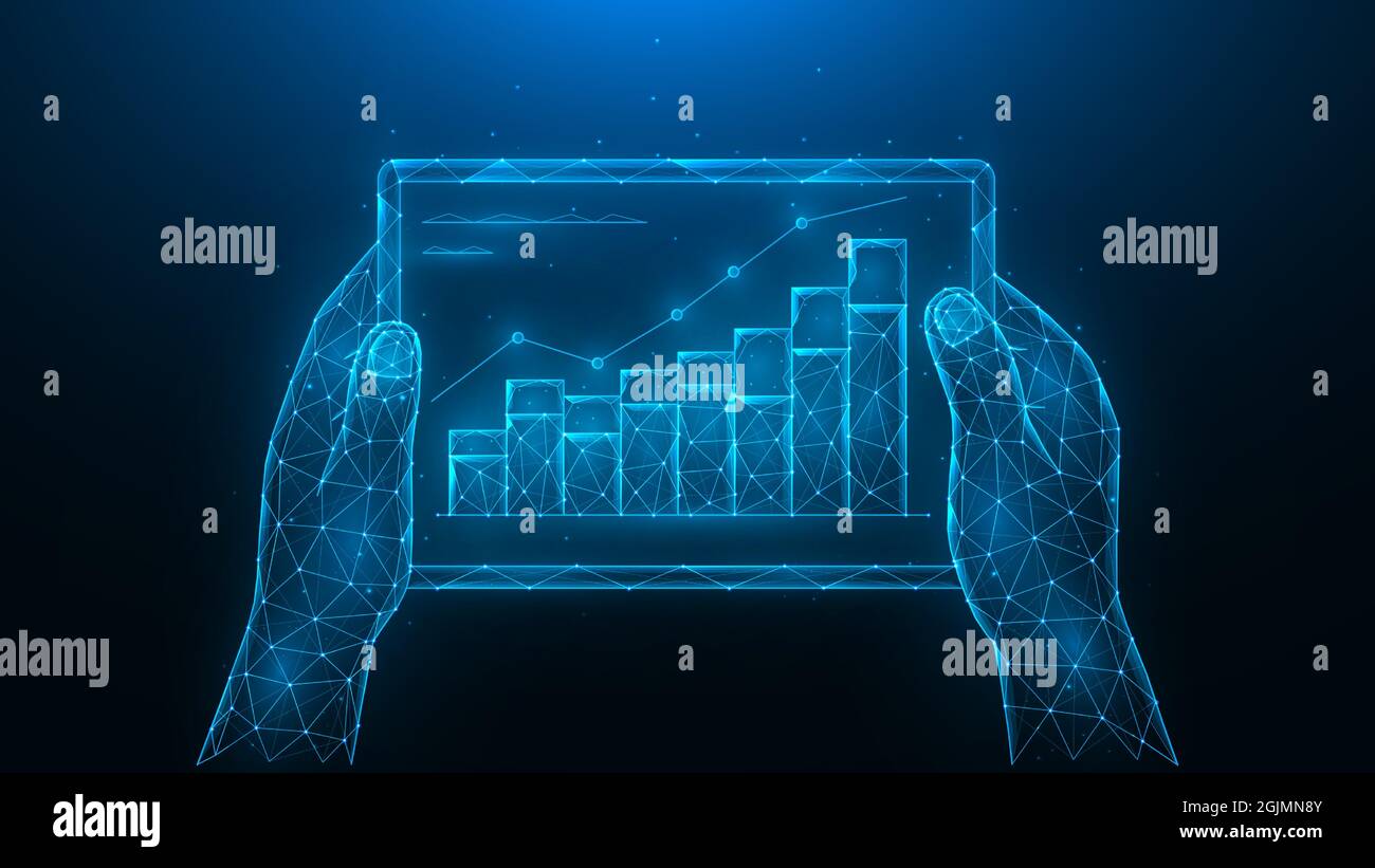Hands hold a tablet with a graph of increase. Growth of investment, increase in sales. Analyzing of financial statistics. Polygonal vector illustratio Stock Vector