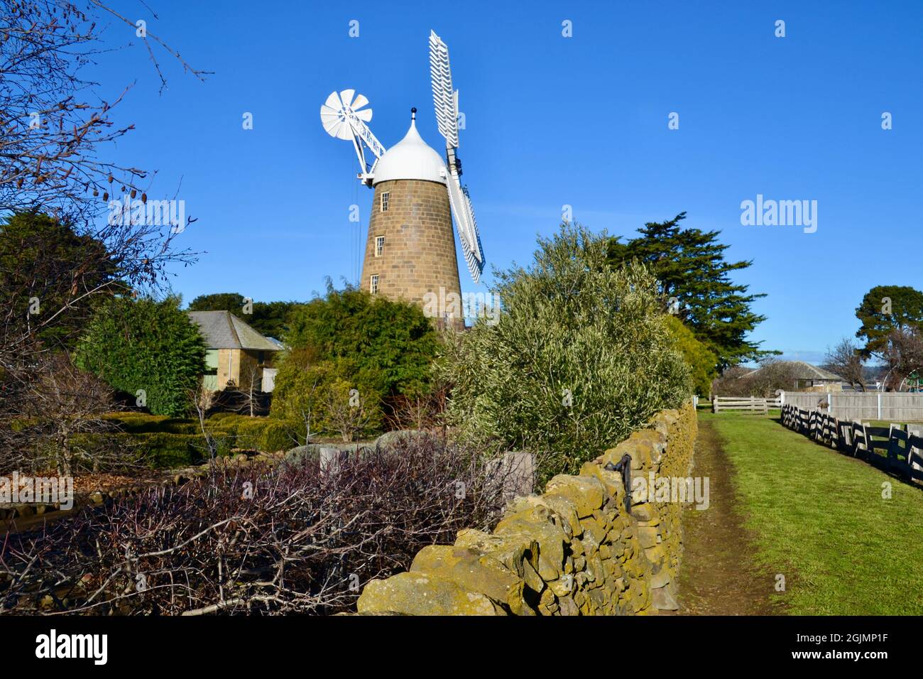 Historic and famous old windmill in the Tasmanian central highlands town of Oatlands in Australia is a big drawcard for local tourism Stock Photo