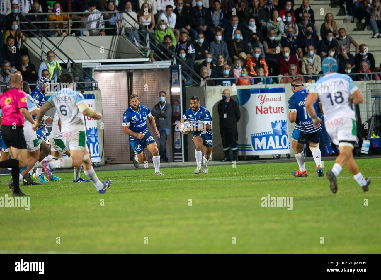 Matthys Gratien during the French championship Pro D2 Rugby Union match  between RC Vannes and Aviron Bayonnais on September 10, 2021 at La Rabine  stadium in Vannes, France - Photo Damien Kilani /