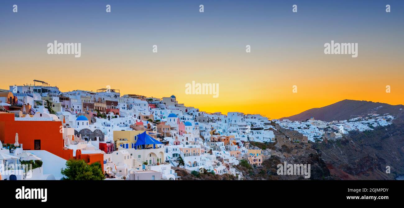 View of Oia at sunrise, Santorini, Greece Stock Photo