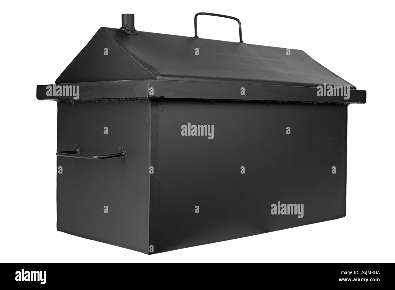 Metal smokehouse made of black iron isolated with white background. Smoking meat and fish. File contains clipping path. Stock Photo