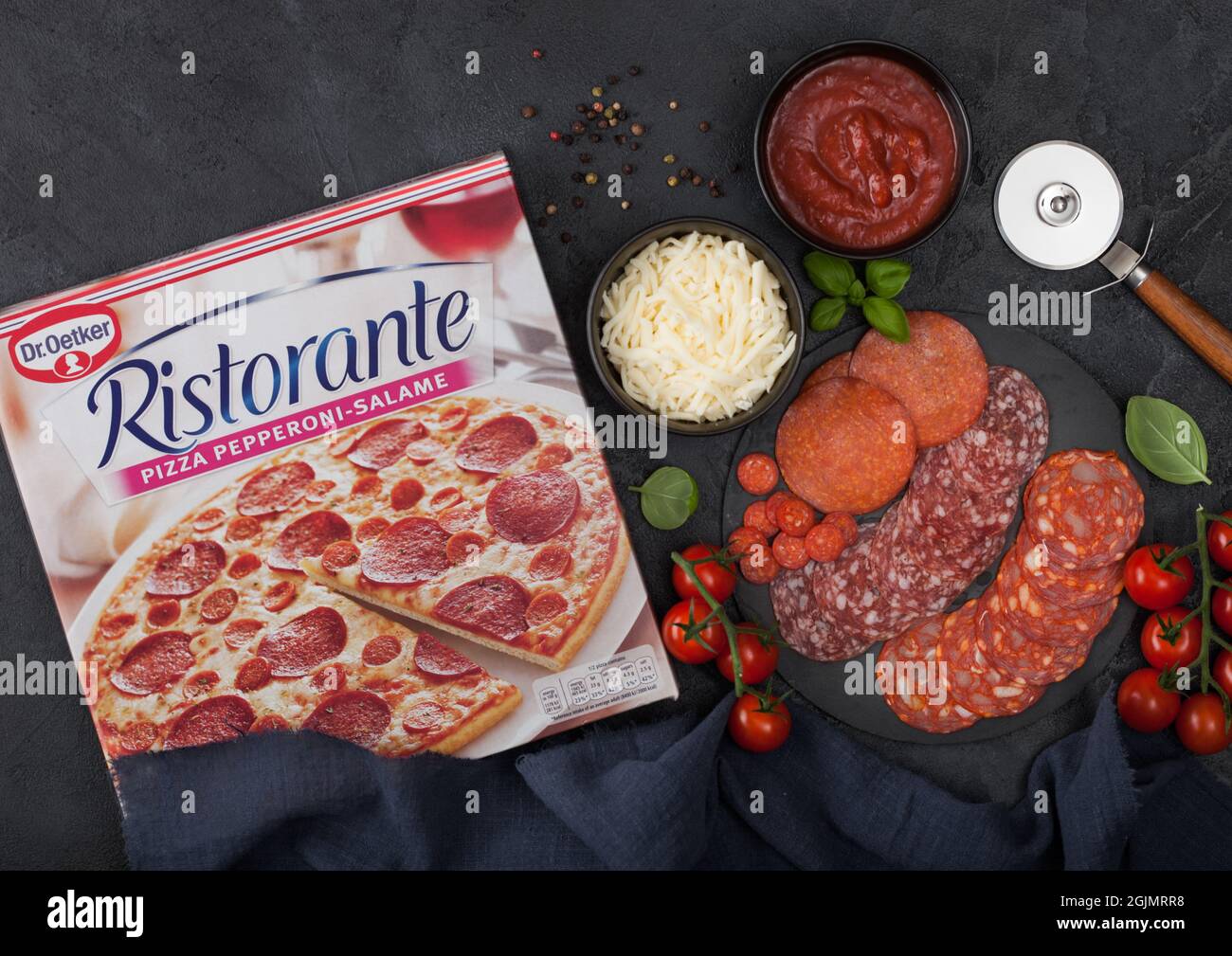 LONDON, UK - NOVEMBER 20, 2019: Box of Dr.Oetker Ristorante Pizza Pepperoni  with salami and ham, cheese and tomatoes on black background Stock Photo -  Alamy